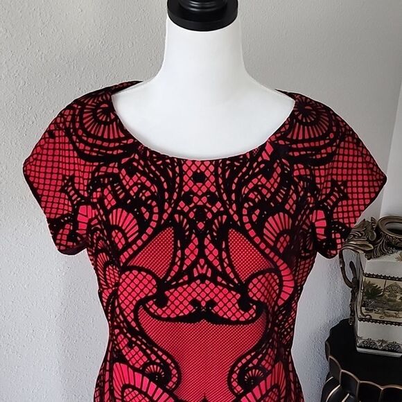 Worthington Midi Dress Red/ Black Velvet Lace Print - Picture 14 of 16